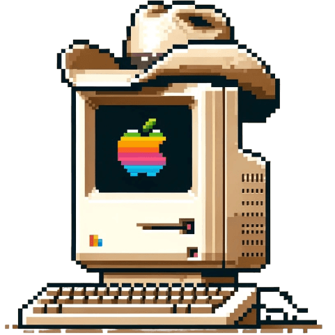 Icon of vintage mac computer in a cowboy hat